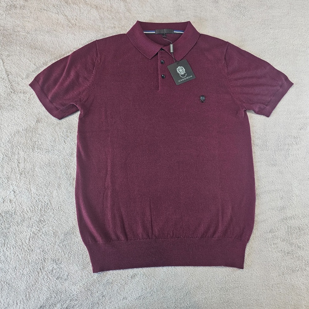Cadogan Men's Polo Sweater 100% Merino Wool Metal Lion Logo Maroon Size Small